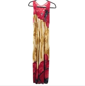 Sleeveless Red Yellow Black Print Floral Maxi Dress  Lace Back Smocked Wai
